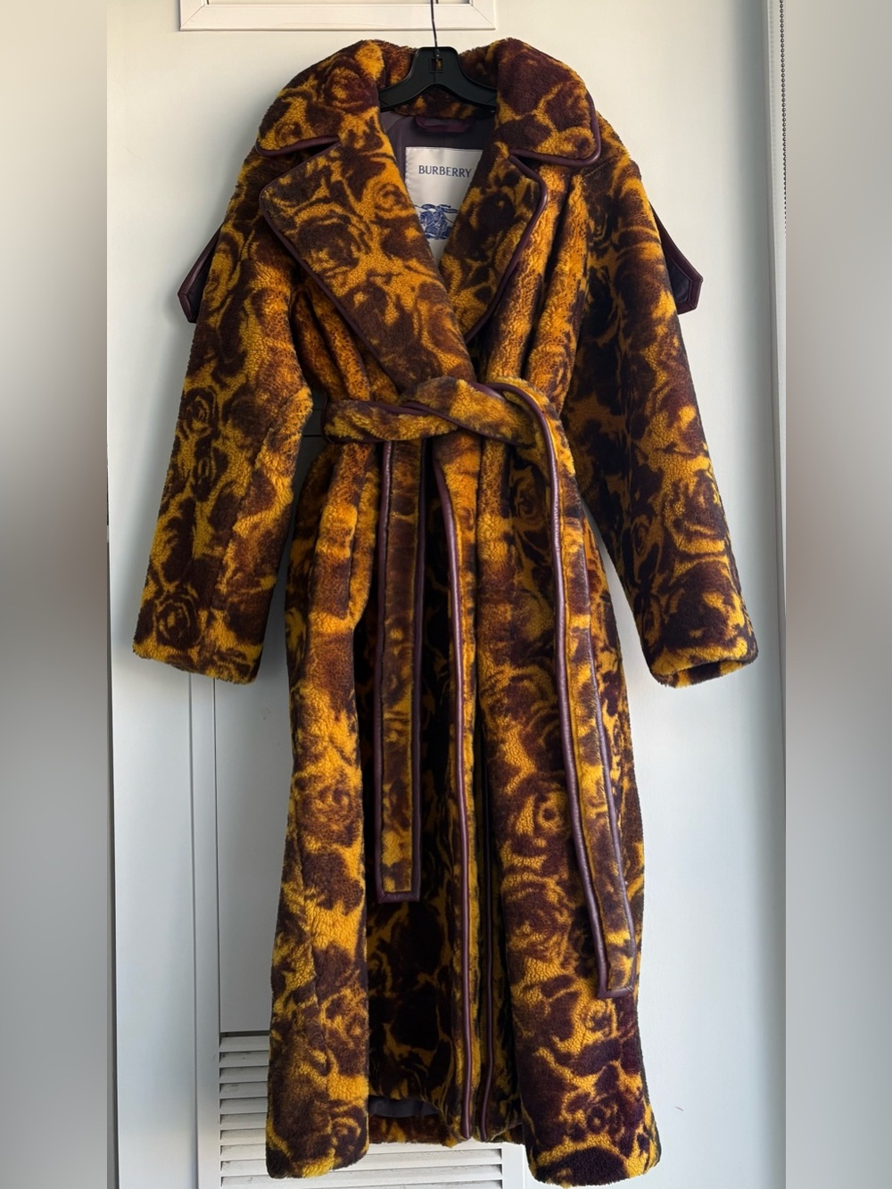 Burberry Rose-Print Shearling Trench Coat in Mustard & Burgundy